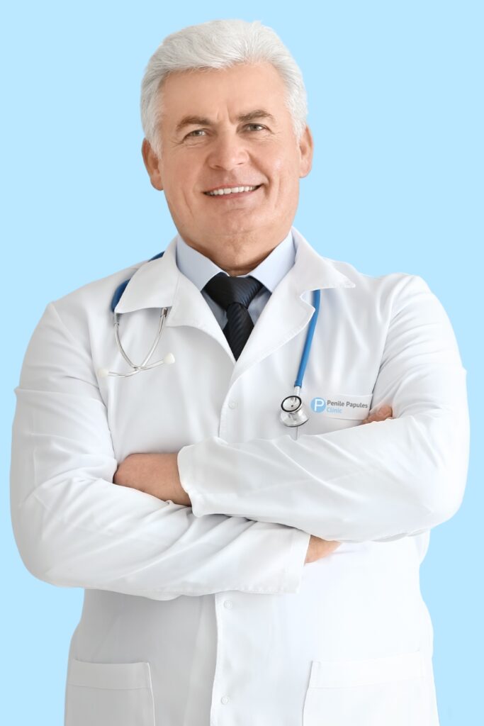 Elderly white male PPP doctor in a London clinic, smiling confidently in a white coat.