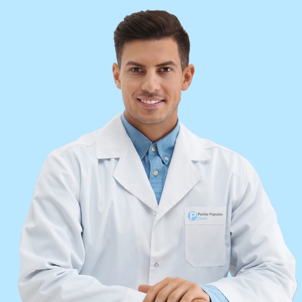 Young white male doctor examining medical records, focused expression, in a modern clinic office.